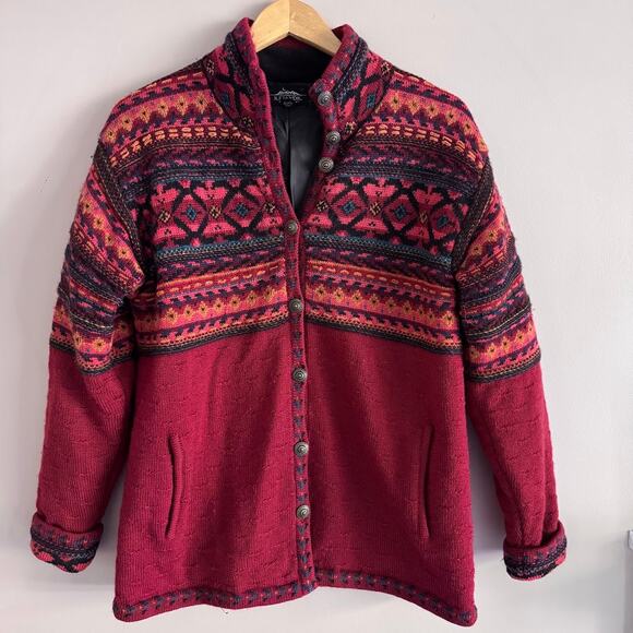 Icelandic Design Red Fair Isle Wool Button Front Cardigan Sweater Size Medium - Picture 1 of 7